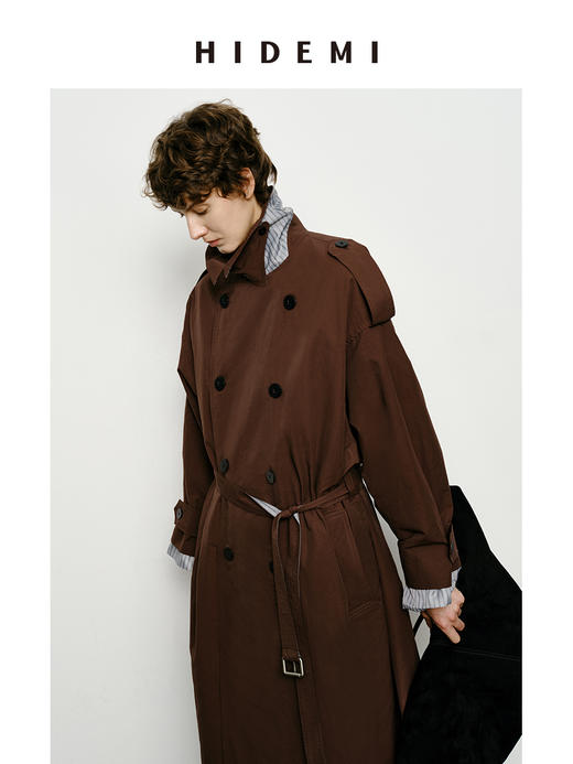 HIDEMI 乌木红棕色翻边条纹撞色设计感翻领双排扣长款风衣 商品图6
