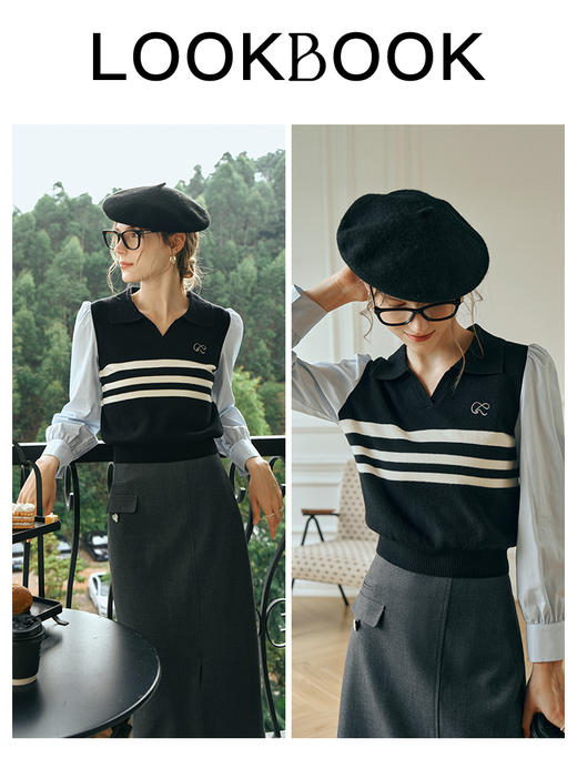 欧芮儿POLO领衬衫马甲毛衣假两件女秋装2023新款学院风拼接针织衫 商品图3