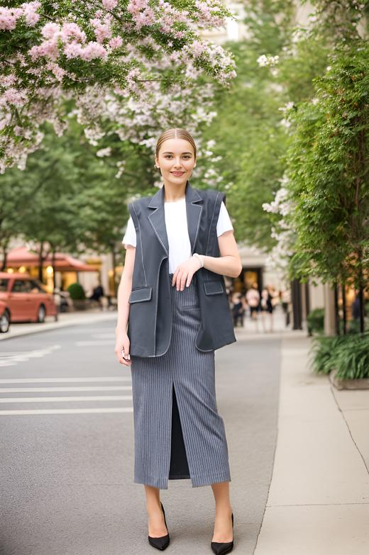 宽肩撞色明线多褶马甲 商品图2