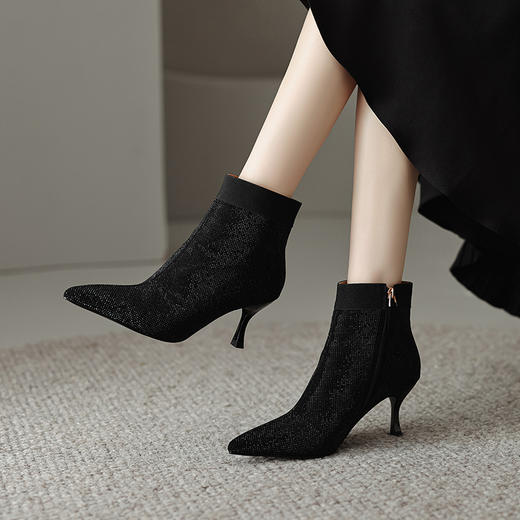 优雅个性，尖头真皮羊翻皮烫进口钻侧拉链细跟短靴DZM-292 商品图6