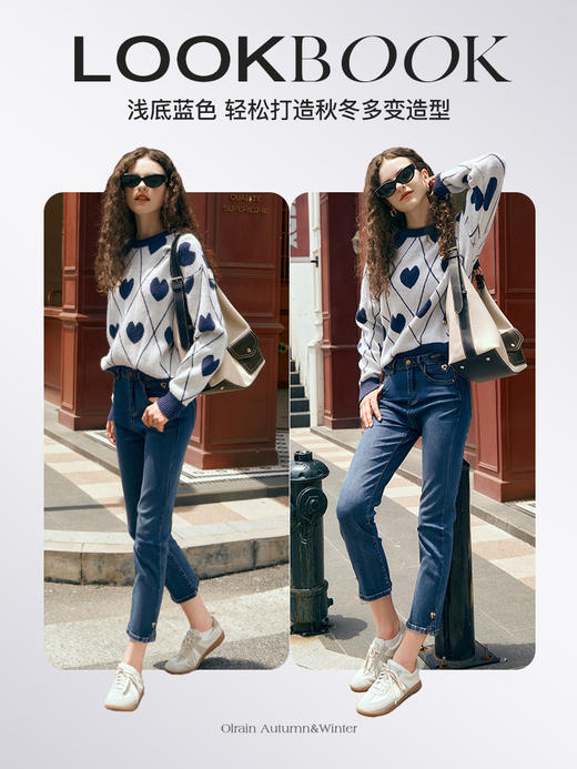 欧芮儿复古菱格毛衣女秋2023新款宽松慵懒软糯圆领提花套头针织衫 商品图3