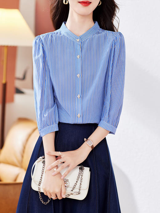 真丝衬衫九分袖2023新款秋季蓝色条纹气质通勤03双绉桑蚕丝上衣LS-953 商品图1