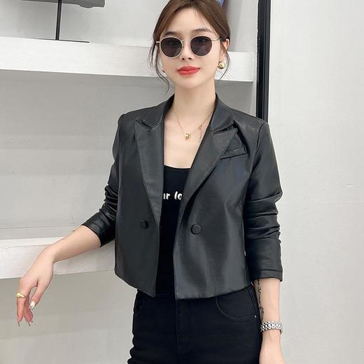 韩版短款款皮衣外套女2023秋季新款西装领修身蛋白皮夹克外套 商品图0