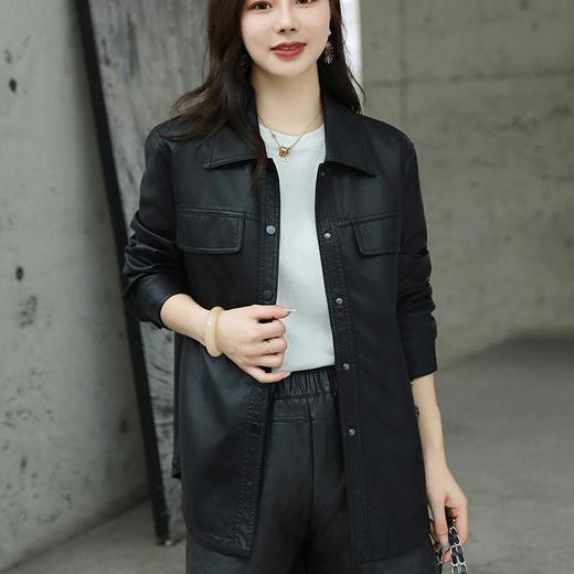 韩版中长款皮衣外套女2023秋季新款翻领系带修身水洗PU皮夹克 商品图4