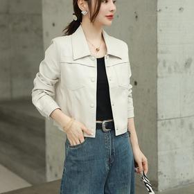 2023秋季新款皮衣外套女韩版翻领短款水洗PU皮衣修身皮夹克