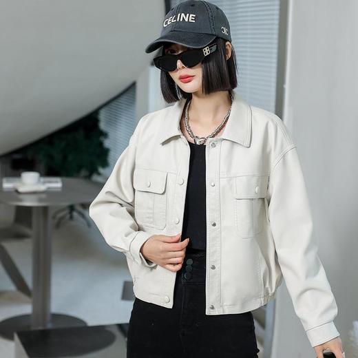 韩版短款皮衣外套女2023春秋新款宽松翻领皮包扣水洗PU皮衣女 商品图0