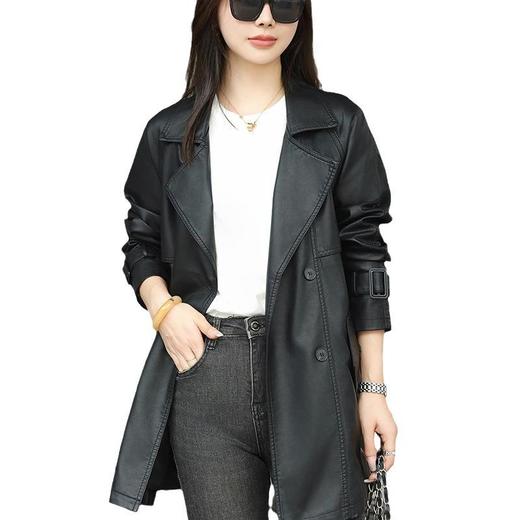 韩版长款皮衣外套女2023秋季新款西装领系带皮夹克修身水洗PU皮衣 商品图4