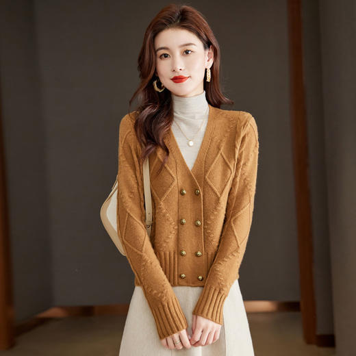 双排扣v领针织开衫，春秋新款早秋高腰外搭上衣毛衣外套CC-J237 商品图2