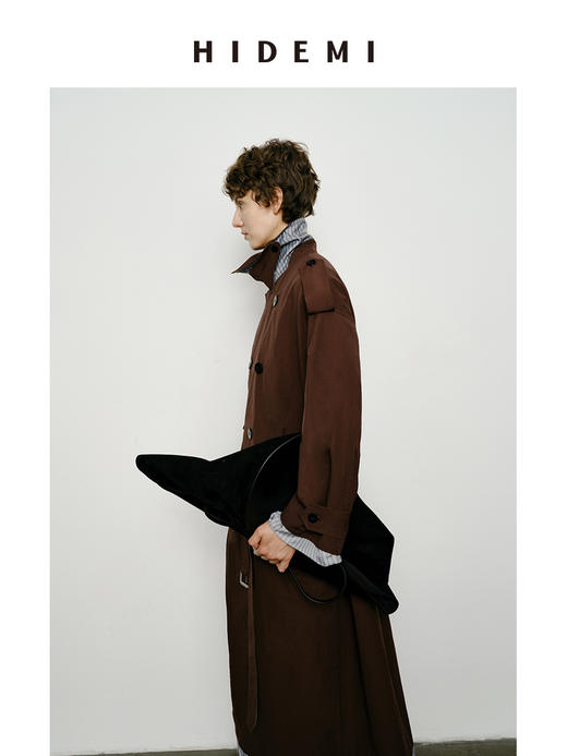 HIDEMI 乌木红棕色翻边条纹撞色设计感翻领双排扣长款风衣 商品图9