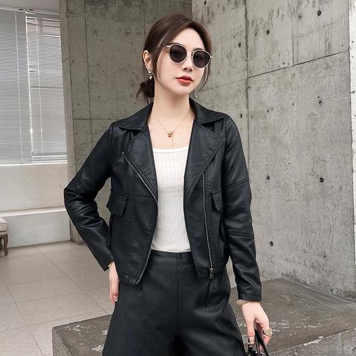 2023春秋新款短款皮衣外套女西装领韩版修身水洗PU皮衣女 商品图2