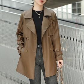 韩版长款皮衣外套女2023秋季新款西装领系带皮夹克修身水洗PU皮衣