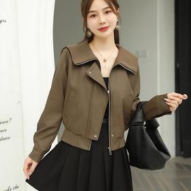 2023秋季新款短款皮衣外套女韩版螺纹领宽松水洗PU皮夹克