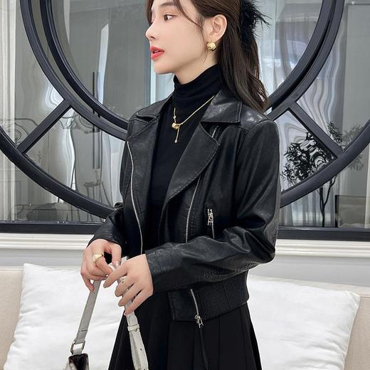 韩版机车风短款皮衣外套女2023秋季新款西装领修身水洗蛋白皮夹克 商品图0