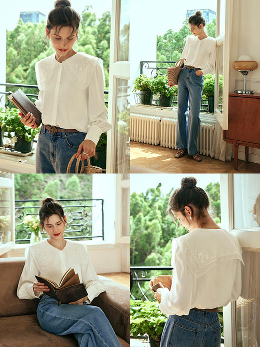 欧芮儿法式白色长袖衬衫女秋2023新款雪纺娃娃领刺绣衬衣洋气上衣 商品图1