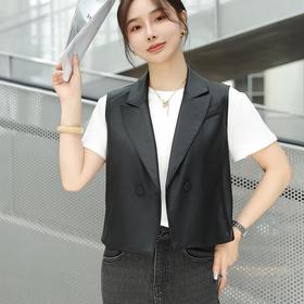 韩版短款皮衣马甲外套女2023秋季新款翻领水洗PU皮衣马夹修身