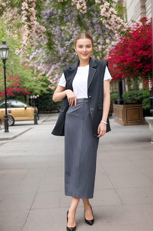 宽肩撞色明线多褶马甲 商品图1