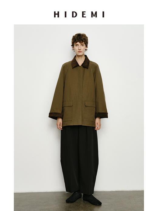 HIDEMI小男孩系列巴恩风灯芯绒拼接工装口袋式军绿色风衣外套 短款/长款 商品图5