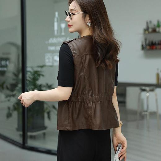 韩版短款皮衣马甲外套女2023春季新款圆领印花水洗PU皮衣女 商品图3