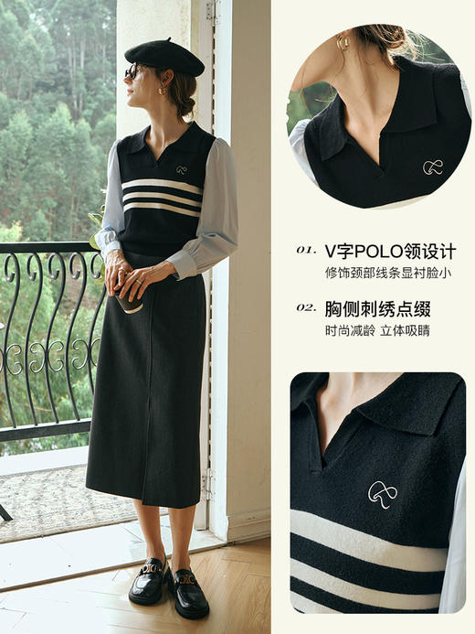 欧芮儿POLO领衬衫马甲毛衣假两件女秋装2023新款学院风拼接针织衫 商品图2
