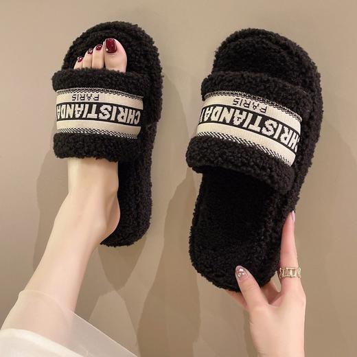 设计感小众毛毛拖鞋外穿秋新款百搭厚底保暖防滑家居一字拖 商品图0