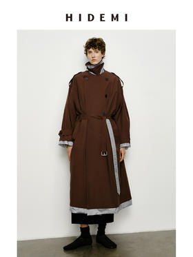 HIDEMI 乌木红棕色翻边条纹撞色设计感翻领双排扣长款风衣