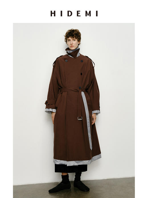 HIDEMI 乌木红棕色翻边条纹撞色设计感翻领双排扣长款风衣 商品图0