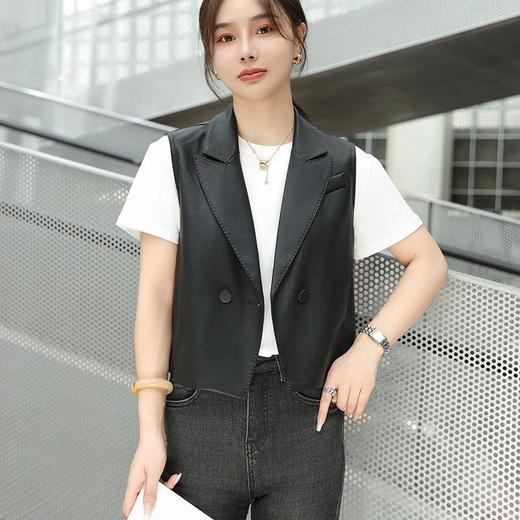 韩版短款皮衣马甲外套女2023秋季新款翻领水洗PU皮衣马夹修身 商品图1