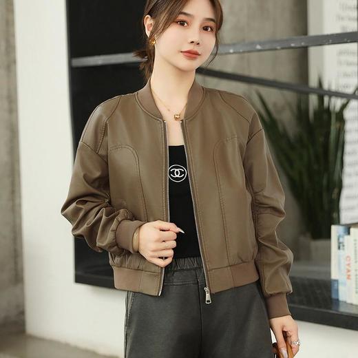 韩版短款皮衣外套女2023春季新款V领皮夹克修身水洗PU皮衣女 商品图0