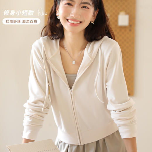 「五色可选！短款拉链衫」秋冬外搭开衫 长袖女纯色连帽卫衣薄款休闲纯色拉链外套修身针织衫上衣 商品图0