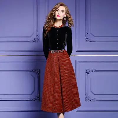 【断码清仓】连衣裙撞色复古收腰过膝中长格子裙 商品图0