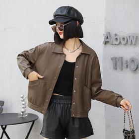 韩版短款皮衣外套女2023秋季新款翻领宽松休闲水洗皮衣女