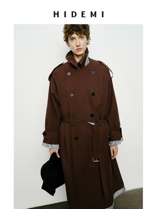 HIDEMI 乌木红棕色翻边条纹撞色设计感翻领双排扣长款风衣 商品图5