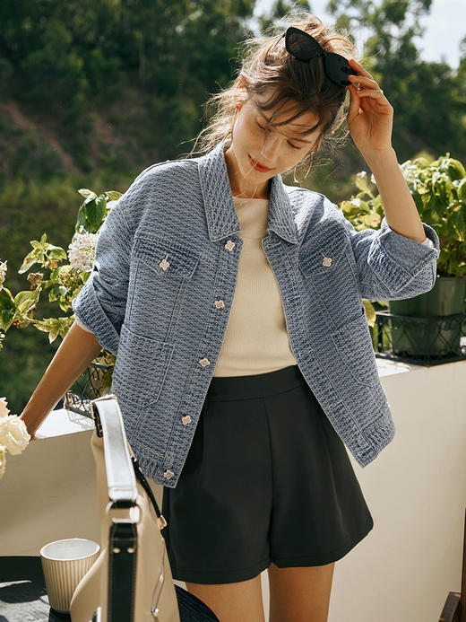 OLrain欧芮儿小香风牛仔短外套女初秋2023年新款宽松重工提花上衣 商品图0