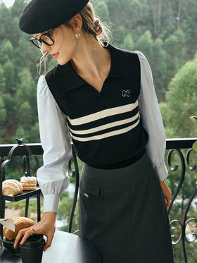 欧芮儿POLO领衬衫马甲毛衣假两件女秋装2023新款学院风拼接针织衫