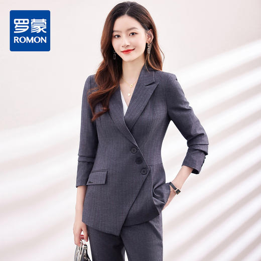 【上衣+裤子】罗蒙女式套装条纹两件套商务通勤不规则下摆西服套装女 商品图1