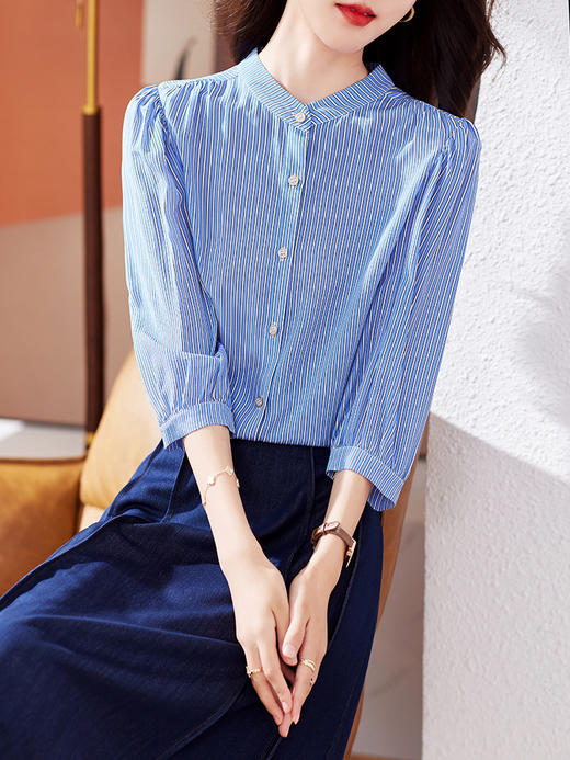 真丝衬衫九分袖2023新款秋季蓝色条纹气质通勤03双绉桑蚕丝上衣LS-953 商品图0