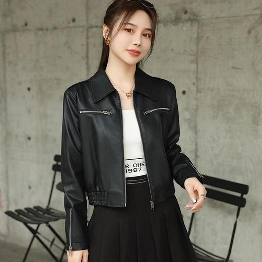 2023秋季新款短款皮衣外套女韩版翻领水洗蛋白皮修身皮夹克 商品图4