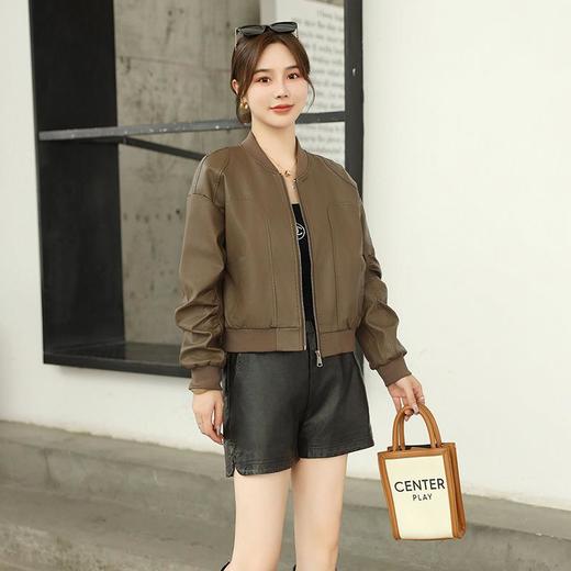 韩版短款皮衣外套女2023春季新款V领皮夹克修身水洗PU皮衣女 商品图1