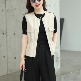 韩版短款皮衣马甲外套女2023春季新款圆领印花水洗PU皮衣女