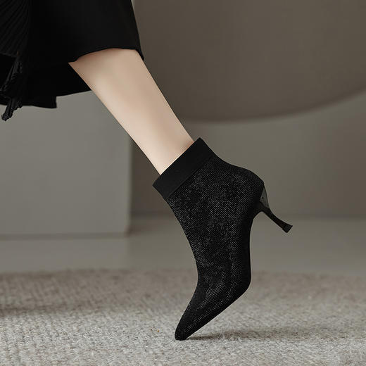 优雅个性，尖头真皮羊翻皮烫进口钻侧拉链细跟短靴DZM-292 商品图4