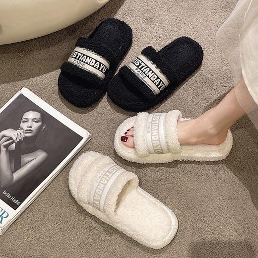 设计感小众毛毛拖鞋外穿秋新款百搭厚底保暖防滑家居一字拖 商品图3
