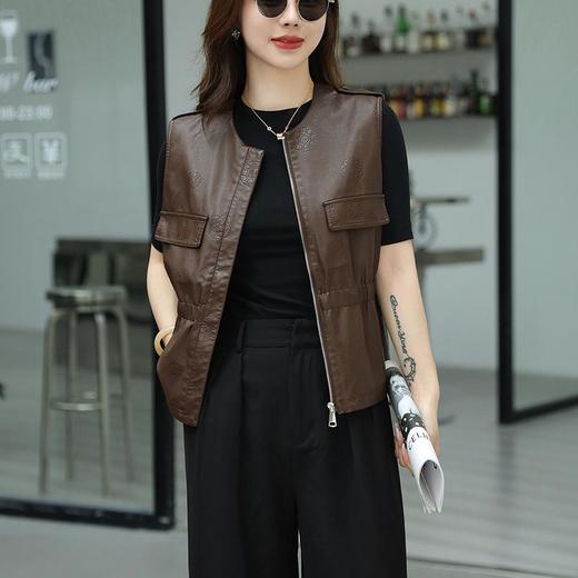 韩版短款皮衣马甲外套女2023春季新款圆领印花水洗PU皮衣女 商品图2