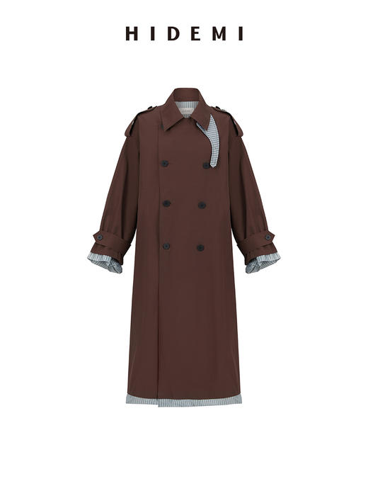HIDEMI 乌木红棕色翻边条纹撞色设计感翻领双排扣长款风衣 商品图14