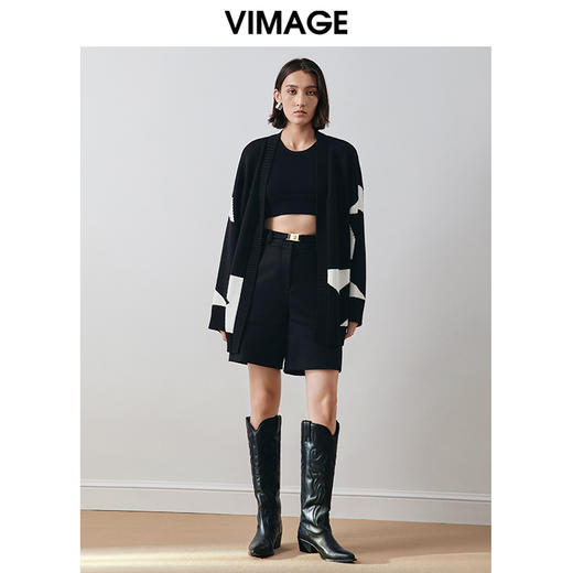 VIMAGE纬漫纪冬季新款时尚宽松舒适撞色气质针织开衫V2001614 商品图1