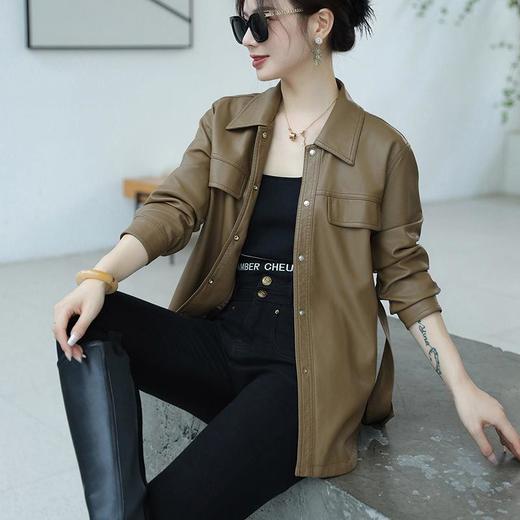 韩版中长款皮衣外套女2023秋季新款翻领系带修身水洗PU皮夹克 商品图1