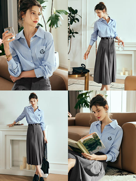 OLrain欧芮儿法式蓝色条纹衬衫女秋季2023新款宽松刺绣学院风上衣 商品图1