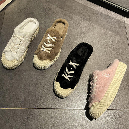 厚底毛毛包头半拖鞋女冬外穿网红系带饼干鞋加绒毛毛鞋 商品图4