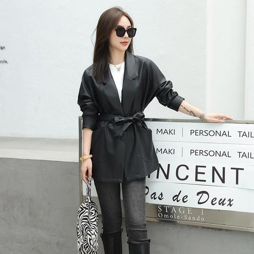 韩版长款皮衣外套女2023秋季新款西装领皮夹克休闲水洗PU皮衣女 商品图0