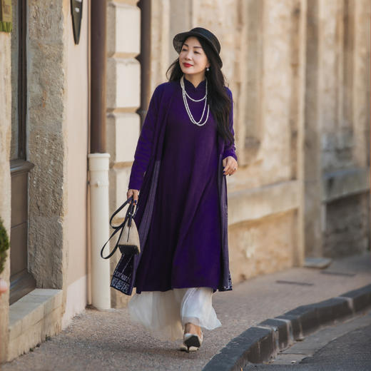 【林栖设计小店】多色毛织连衣裙红色紫色黑色盘扣新中式修身复古2023秋冬新品裙子女1934054 商品图4