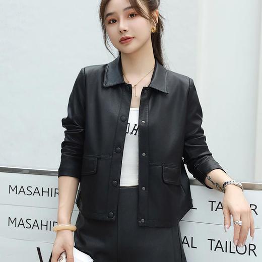 2023秋季新款韩版短款皮衣外套女翻领皮夹克修身水洗PU皮夹克 商品图3